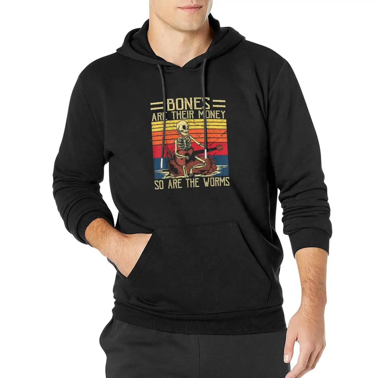 

Bones Are Their Money Skeleton Playing Guitar Retro Vintage Pullover Hoodie korean autumn clothes anime hoodie