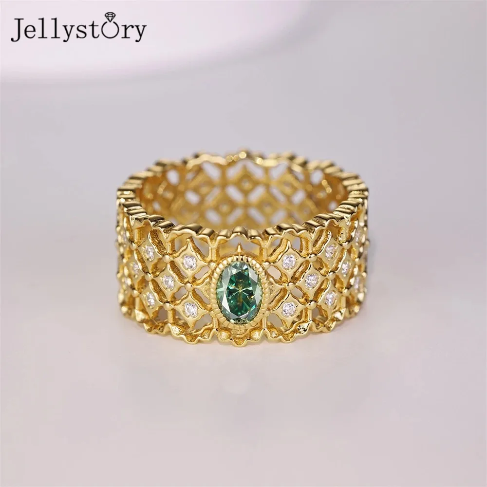

JellyStory легкое роскошное полое кольцо из стерлингового серебра S925, зеленый муассанит, полностью инкрустированный ремешок, уникальный дизайн, штабелируемые ювелирные изделия, подарок