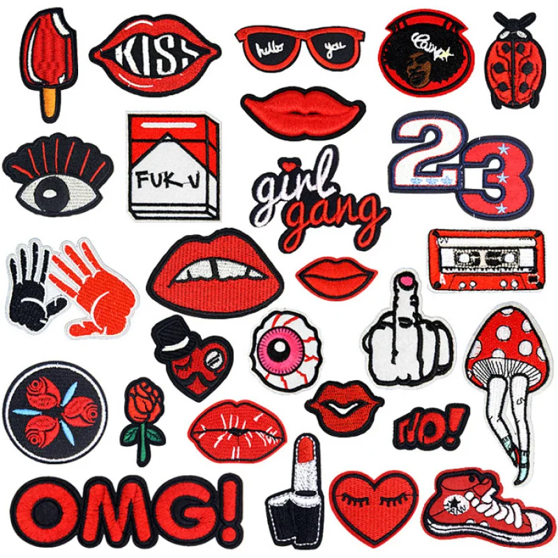 Mouth Sexy Red Long Tongue Lip Appliques Stickers Big Kiss Fashion Handmade Large Embroidered Iron On Transfer Patches DIY