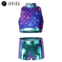 Kids Girls Shiny Sequins Sport Dance Outfit 2 Piece Keyhole Back Crop Tops and Booty Shorts for Ballet Gymnastic Training