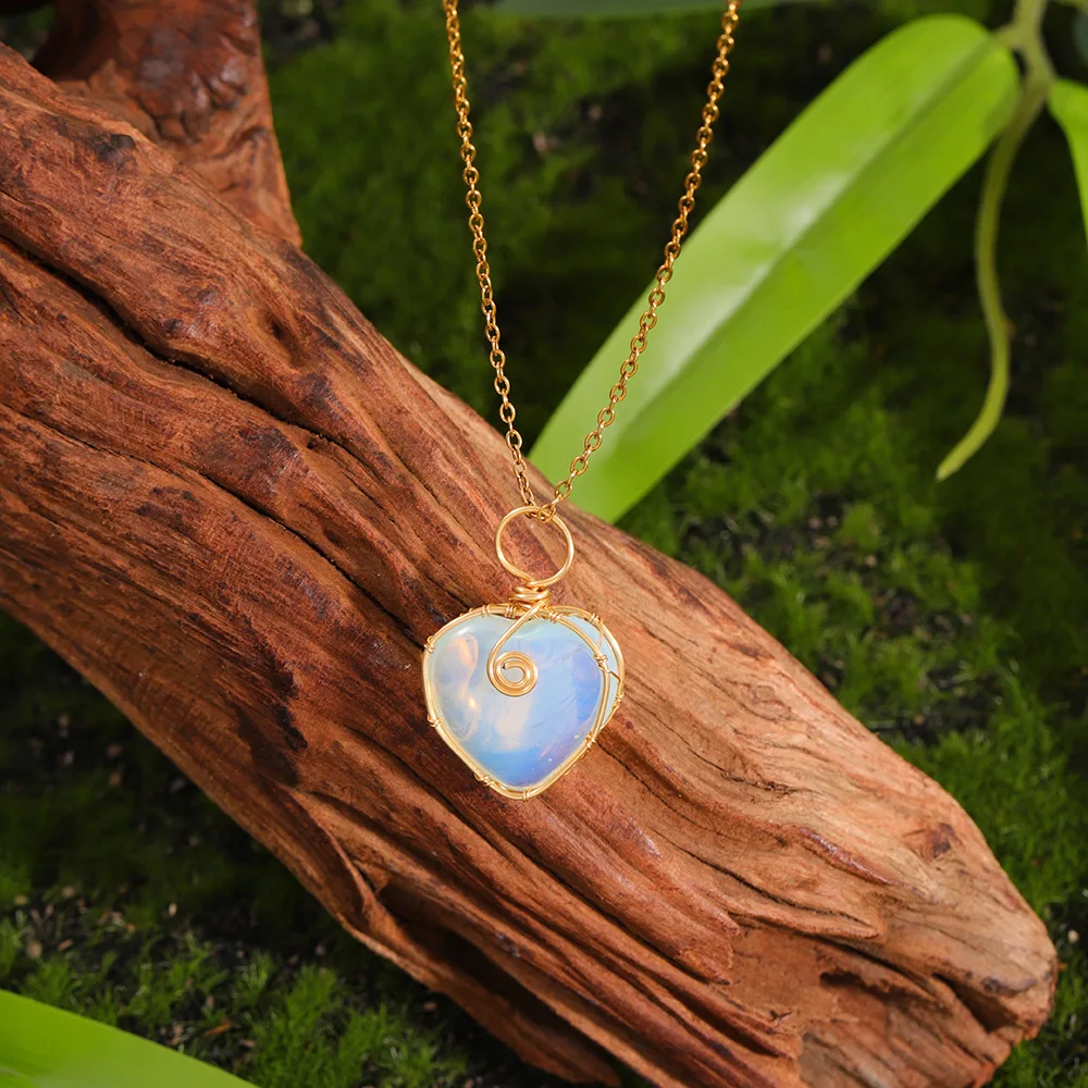 1Pc Natural Heart Shaped Opal Pendant Golden Wire Wrapped White Opalite Gemstone Polished Healing Crystal Stone with Alloy Chain