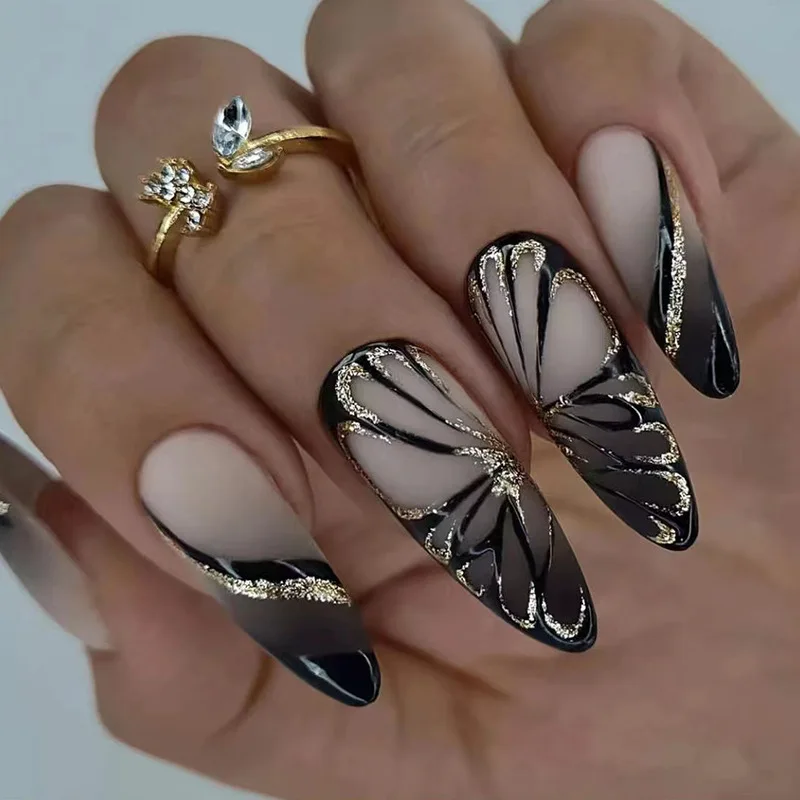 24p/Box Long Ballet Acrylic Press on Nails Set Gothic Armor Fake Nails Dark Serpentine Flower False Nail Fashion Retro Removable