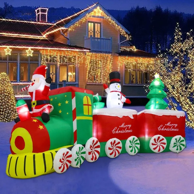 11 FT Christmas Inflatables Decorations Outdoor，Santa Christmas Driving Train Transporting Snowman and Christmas Tree with Built