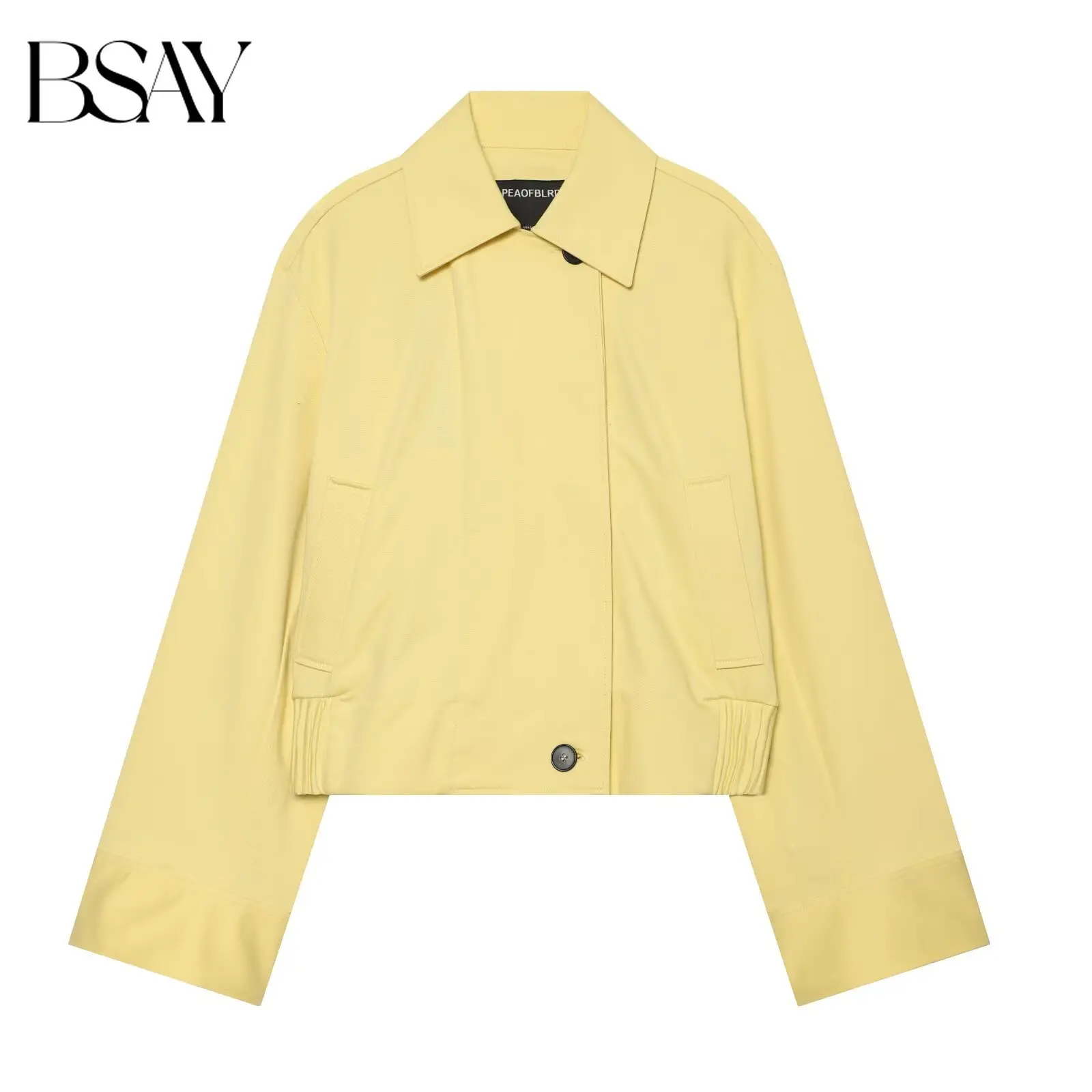

BSAY 2026 New Elegant Women Yellow Cropped Jacket Lapel Collar Single Button Elastic Ruched Hem With Pockets Casual Short Coat