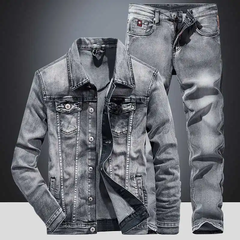 2023 High-quality men's fashion handsome spring and autumn fit zipper dig bag gray denim zipper cotton youth casual denim coat