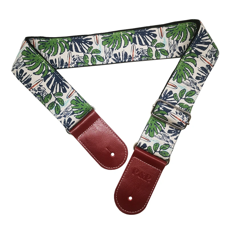 Cotton Guitar Strap for Acoustic Electric Guitar and Bass Adjustable Denim Printed Guitar Belt Genuine Leather Ends