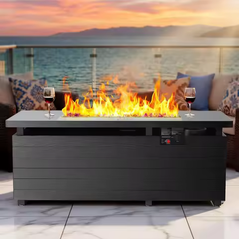 50-inch Propane Gas Fire Pit Table with 50,000 BTU, Glass Stone Set &amp; Cover, Ideal for Outdoor Patio, Deck, or Garden, Black