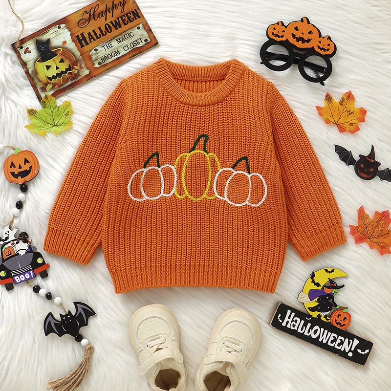 Orange Halloween Kürbis Gestrickte Baby Jungen Mädchen Pullover Kleidung Winter Neugeborenen Strickwaren Pullover Tops 1-3Y Kleinkind Tragen