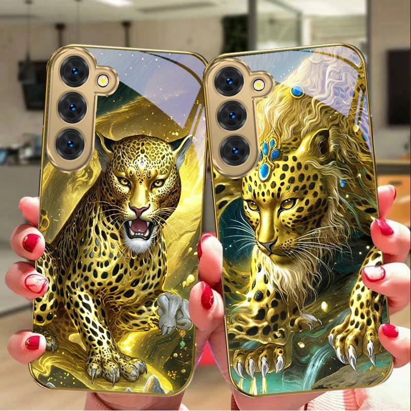 Shenwei Leopard Pattern For Samsung Galaxy S26 S20 FE S21Plus S22 23 Plus S24 Ultra 25 S21+ S9 22Plus Golden glass phone case
