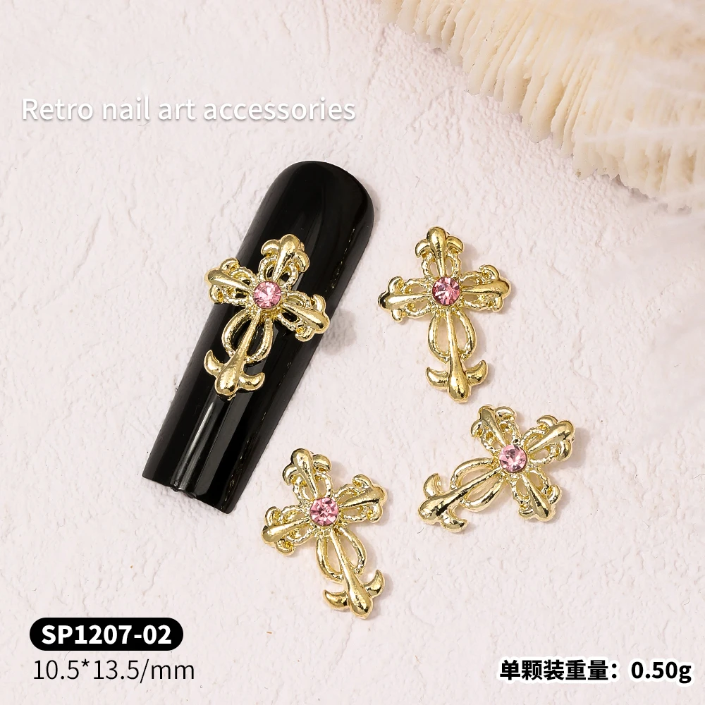 10PCS Retro Exquisite Tricolor Alloy Cross Nail Art Charms 3D Multiple Styles Shinny Cross Nail Decorations DIY Punk Style Nails