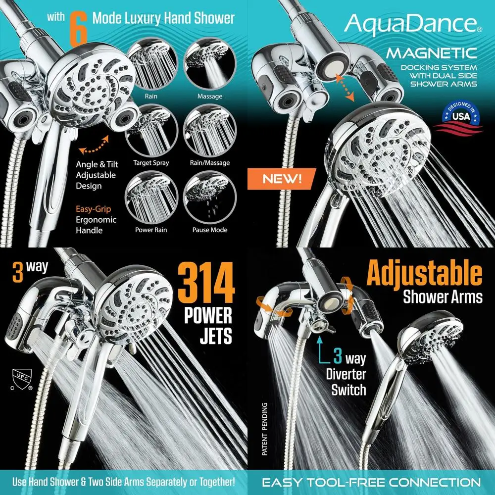 

Premium 156 Setting 14-Zone Shower & Handheld 3-Way System with Magnetic Dock, 314 Jets, Dual Arms, 6ft Metal Hose, All-Chrome F