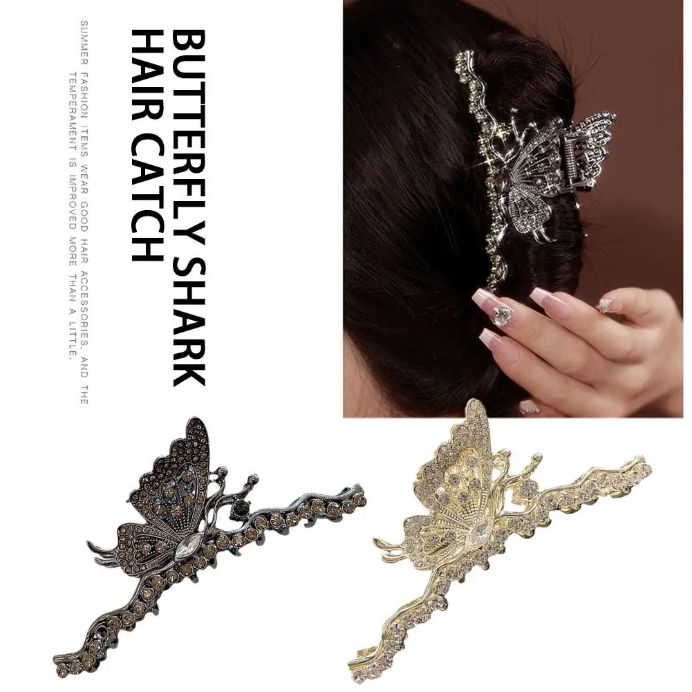 Retro Rhinestone Butterfly Grip Clip Female Fashion Geometric Ponytail Shark Clip Claw Clip Hair Accessories Headdress Gift