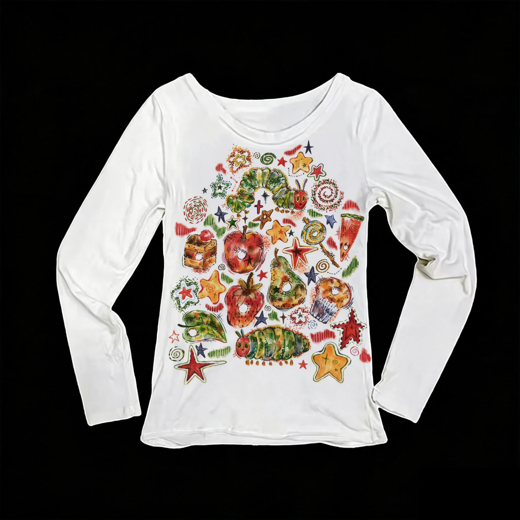 Women Long Sleeve T-shirt, Cute Hungry Caterpillar Fruit Cake Print O-neck Tee, Casual Soft Slim Fit Basic Tops, Fashion Cartoon