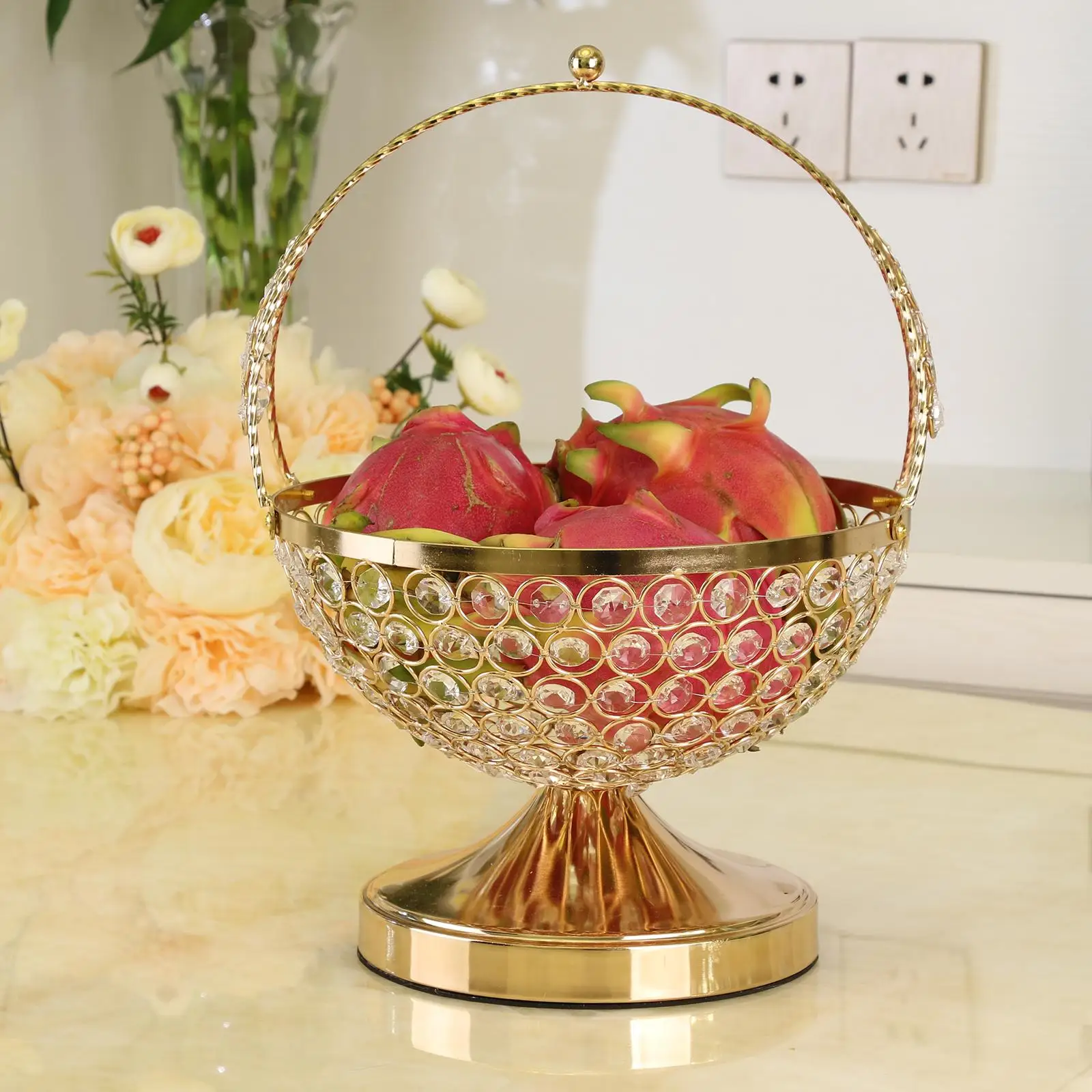 European Style Crystal Fruit Basket Glass Snack Candy Plate Golden Table Centrepiece for Home Decor
