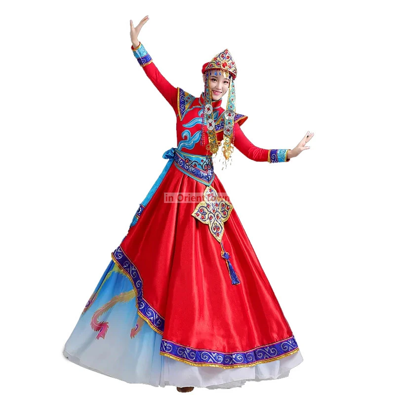 Chinese performance Folk Dance wear Classical long Mongolian Dance clothing ethnic minority dress Stage Costumes for Singers