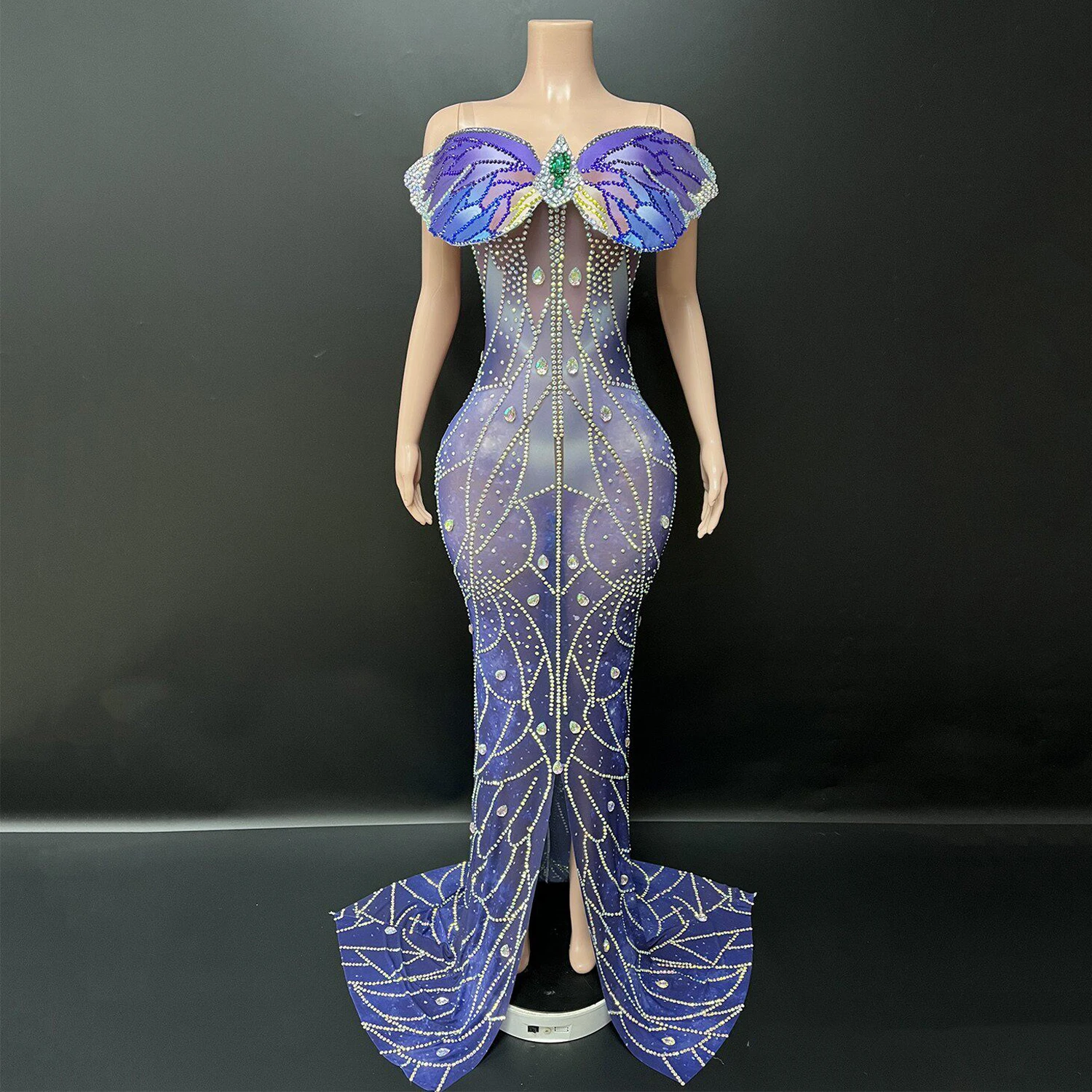 

Платье для выступлений с полной отделкой стразами в виде бабочек, женское, для певиц, праздничное, для фестивалей, сценическое, для подиума, праздничный костюм XS11018