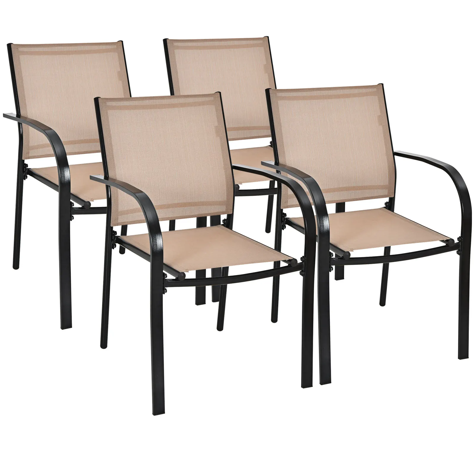 Set of 4 Patio Dining Chairs Stackable with Armrests Garden Deck Brown