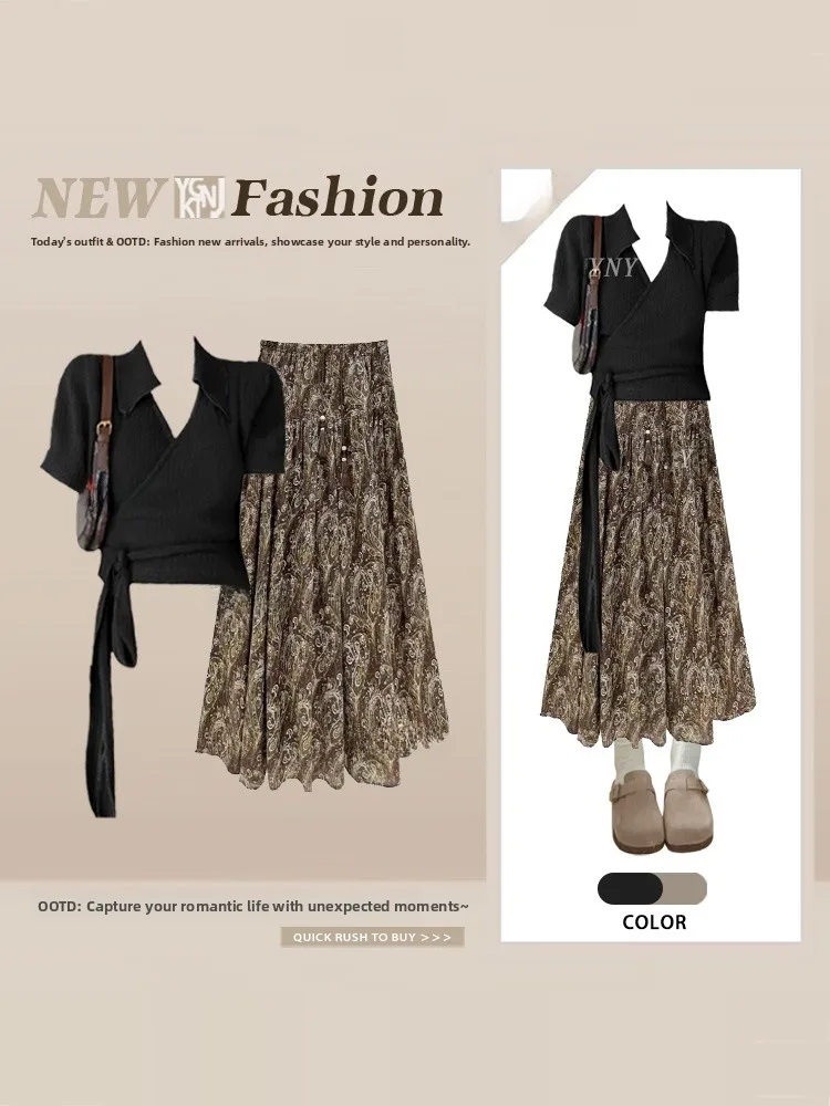 

Retro Collared Short Sleeve T-Shirt Women's Floral Print Skirt Summer Style Ultra Popular Matching Set Casual Fashion