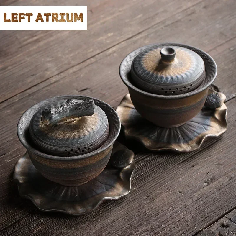 The Hand Knife Jumping Teapot Teacup The Iron Glaze Tea Bowl Sopera De Ceramica Coarse Pottery Tea Set Gaiwan Ceramic