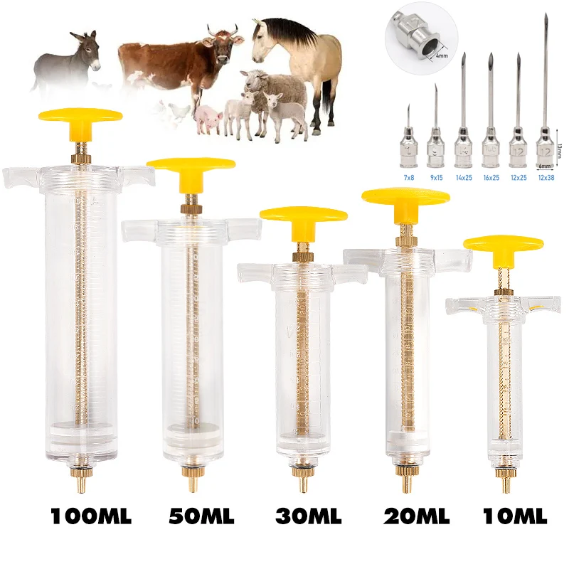 10/20/30/50/100ml Adjustable Dose Syringe Vaccine Injection 304 Stainless Steel Needle Pinhead Veterinary Tool Farm Livestock