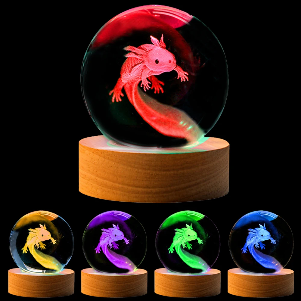 3D Axolotl Laser Engraved Crystal Ball Lamp USB Rechargeable Colorful Night Lamp Home Decorations Night Light for Birthday Gifts