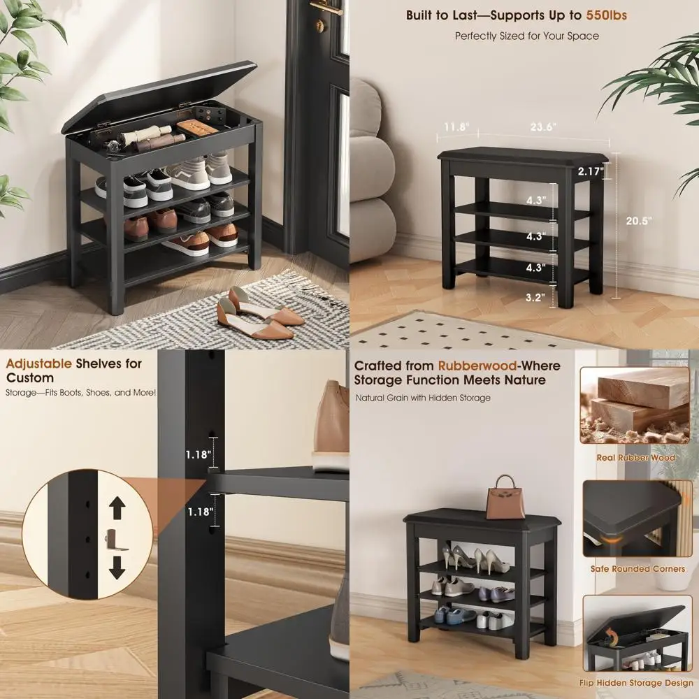 

Mid-Century Modern 3-Tier Rubberwood Shoe Storage Bench with Seat, 550lbs Capacity, Compact Design for Entryways and Hallways