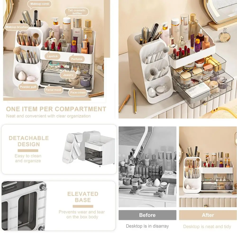

Compact Makeup Organizer with Drawers, Skincare & Perfume Storage Box, Lipstick & Brush Holder, White Cosmetic Display Case for