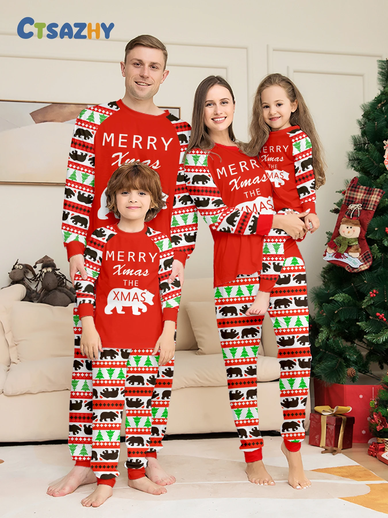 

Christmas Family Sleepwear Set "Merry Xmas" Bear Christmas Tree Print Raglan Sleeve Red Pajamas for Boys & Girls