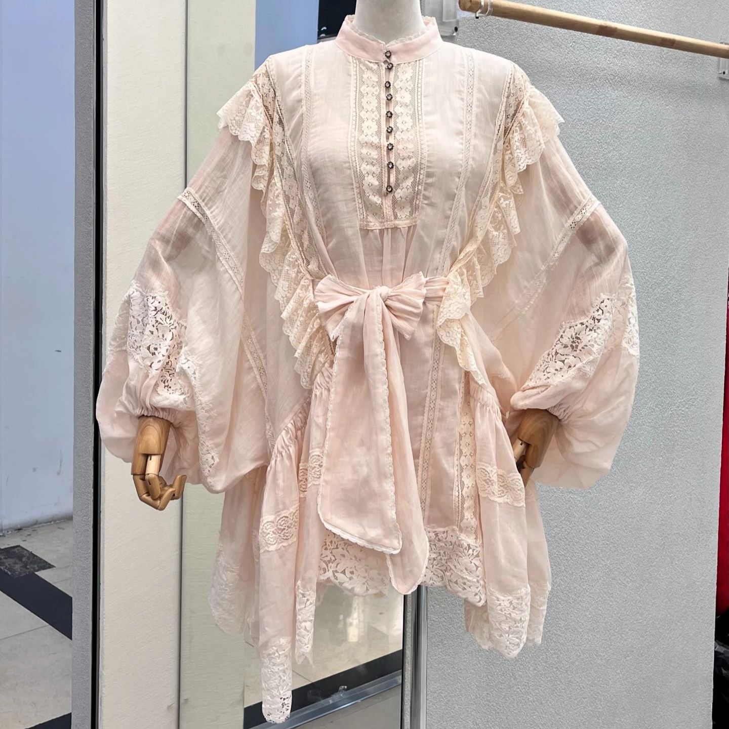 

Summer Luxury Dress Australian Designer Holiday Elegant Pink Ramie Lace Detail Ruffle Long Batwing Sleeve Loose Fit Mini Dress