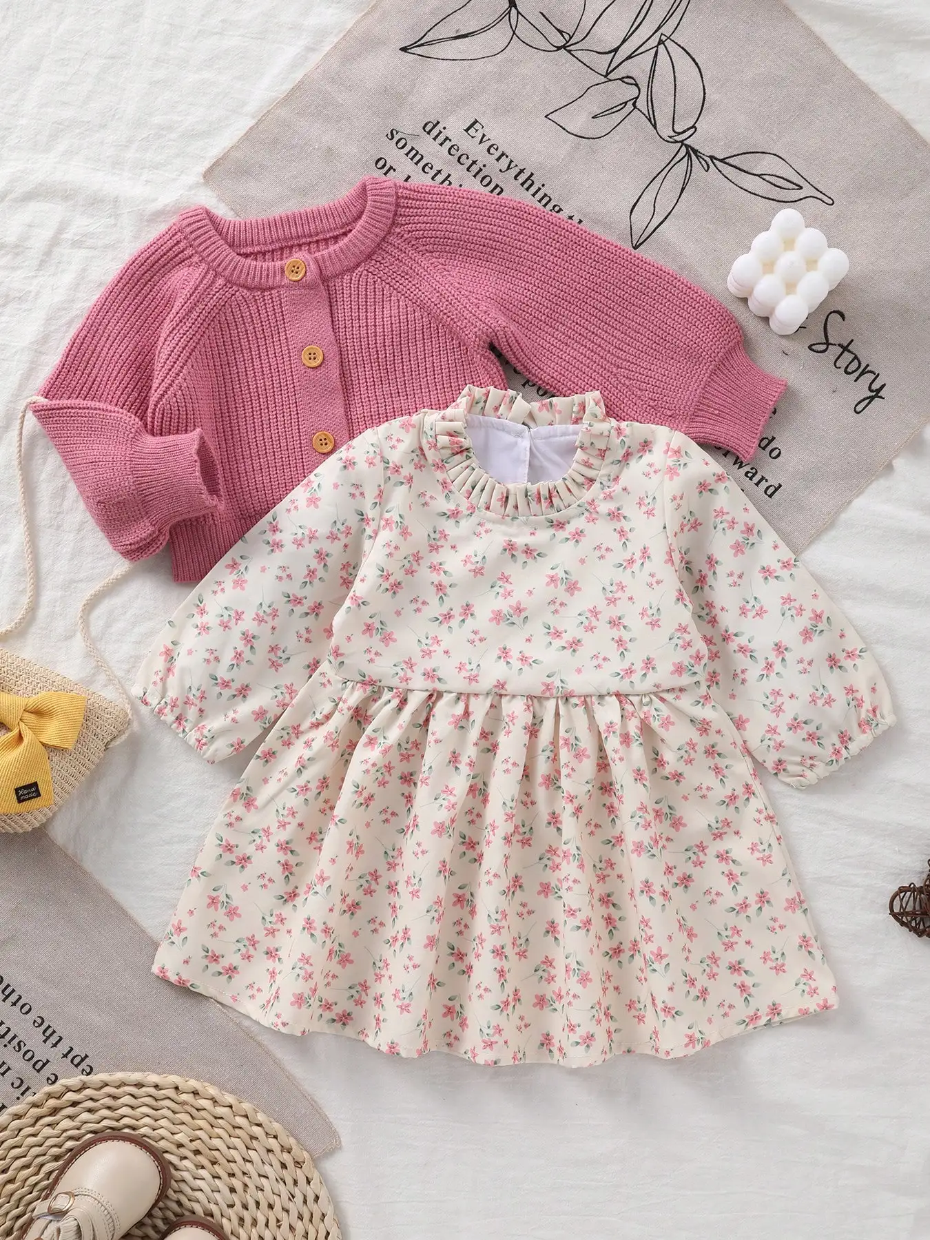 Girls' Floral Dress + Knitted Cardigan Two-Piece Set, Baby's Sweet Pastoral Style Spring Solid Color Knitted Outfit