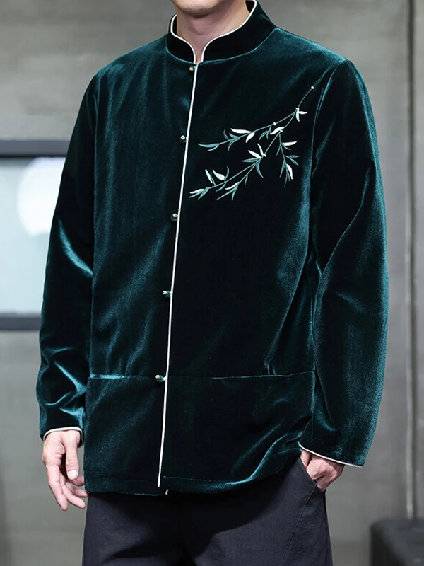 

Мужская осенняя куртка в китайском стиле с вышивкой, из золотистого бархата, с воротником-стойкой, в стиле Тан, с длинными рукавами, износостойкая