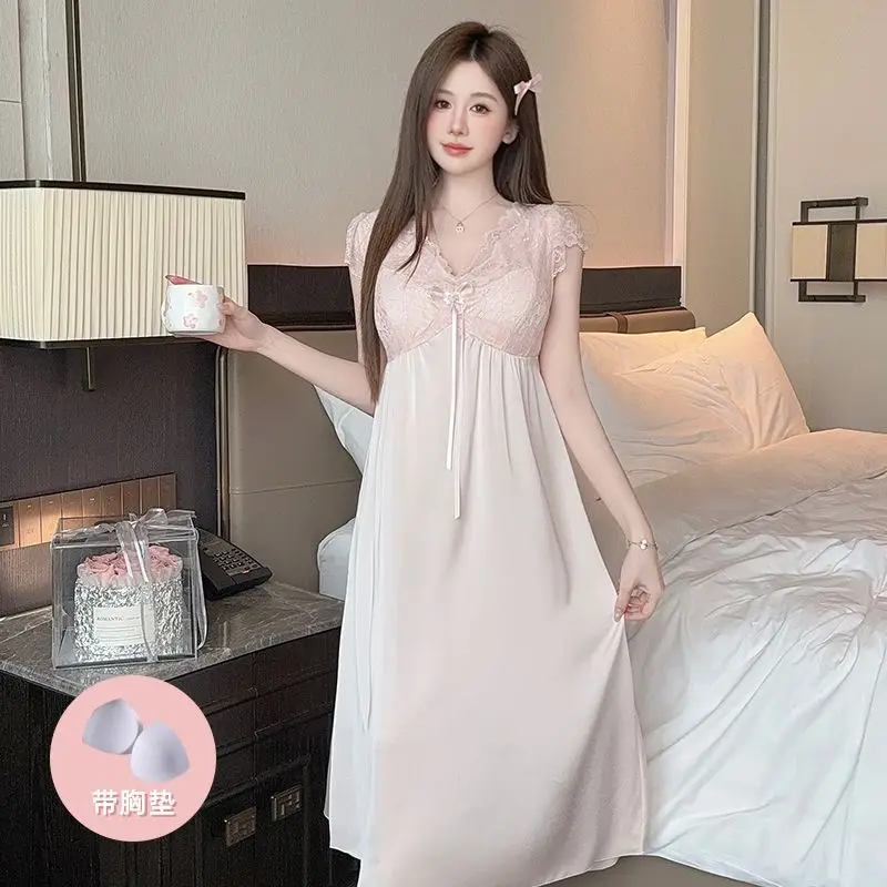

Лето 2025 года, сексуальное кружевное нижнее белье с короткими рукавами и v-образным вырезом, шелковые атласные ночные рубашки для женщин, одежда для сна, ночное платье, ночная рубашка, домашняя ночная рубашка