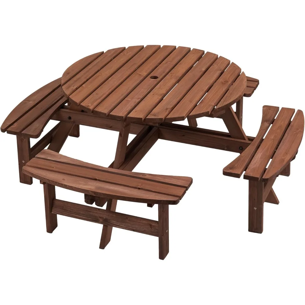 

Wooden Outdoor Picnic Table with Umbrella Hole, Round Wood Dining Table with Benches for Patio Garden Backyard Lawn