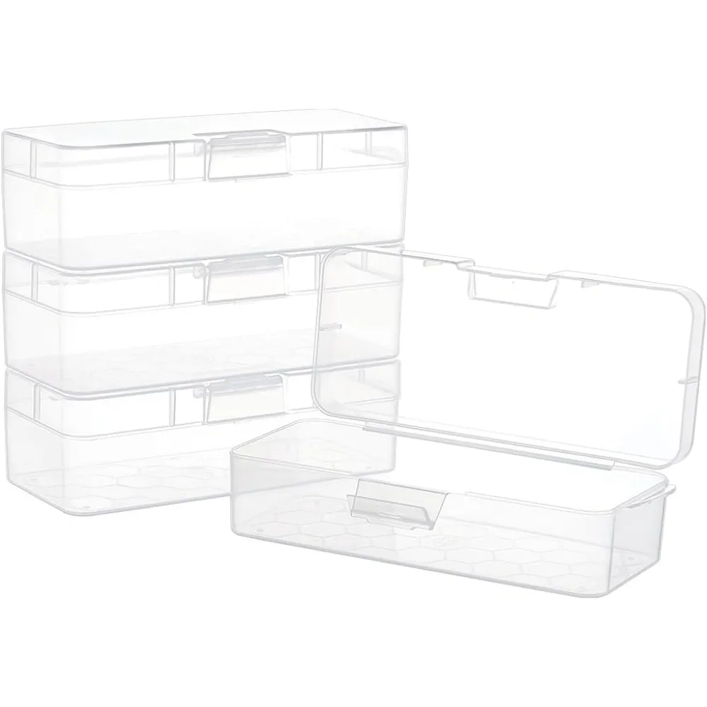 4 Packs Rectangle Plastic Container Box 6.4x2.6x1.8inch Clear Storage Organizer with Hinged Lid and Hanging Hole for Small Craft