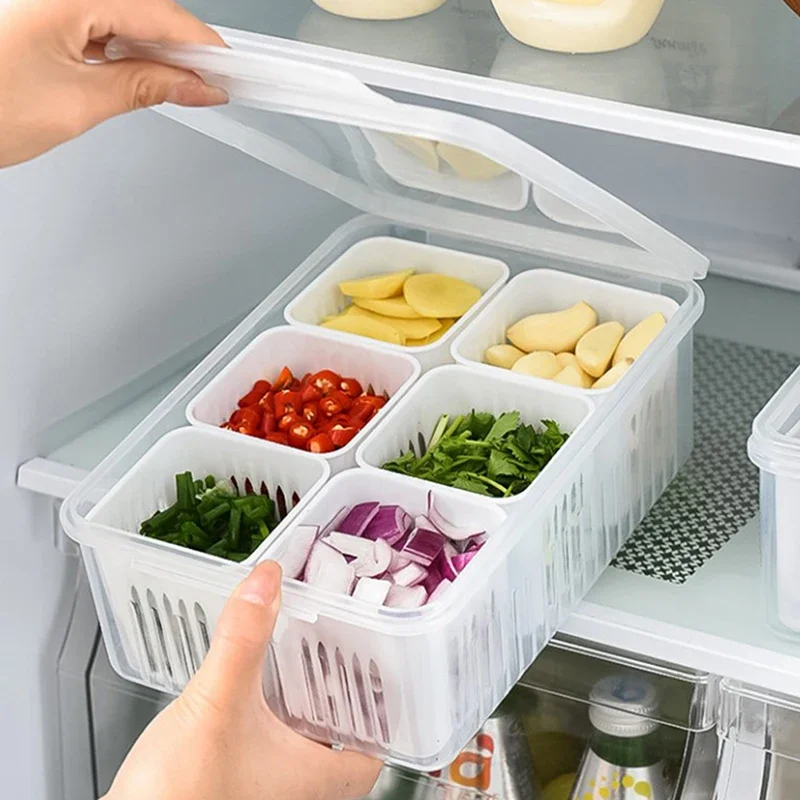 4/6 Grid Food Vegetable Fruit Storage Box Refrigerator Plastic Container Kitchen Preservation Jar Fridge Organizer Basket