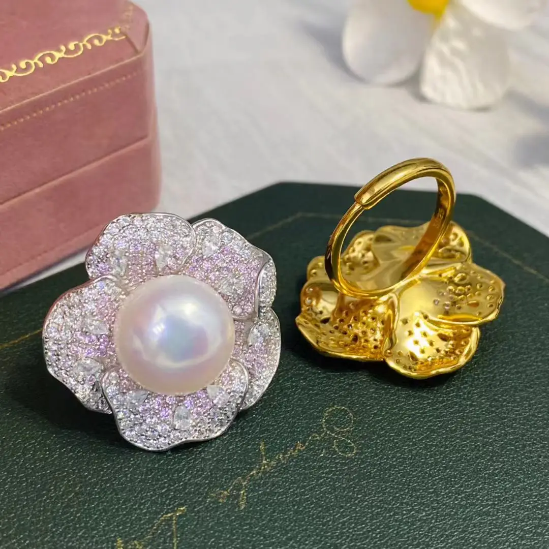 Flower Shape S925 Sterling Silver Adjustable Ring Mount Settings Findings Mountings Parts for 13-14mm Pearls 5pcs/lot