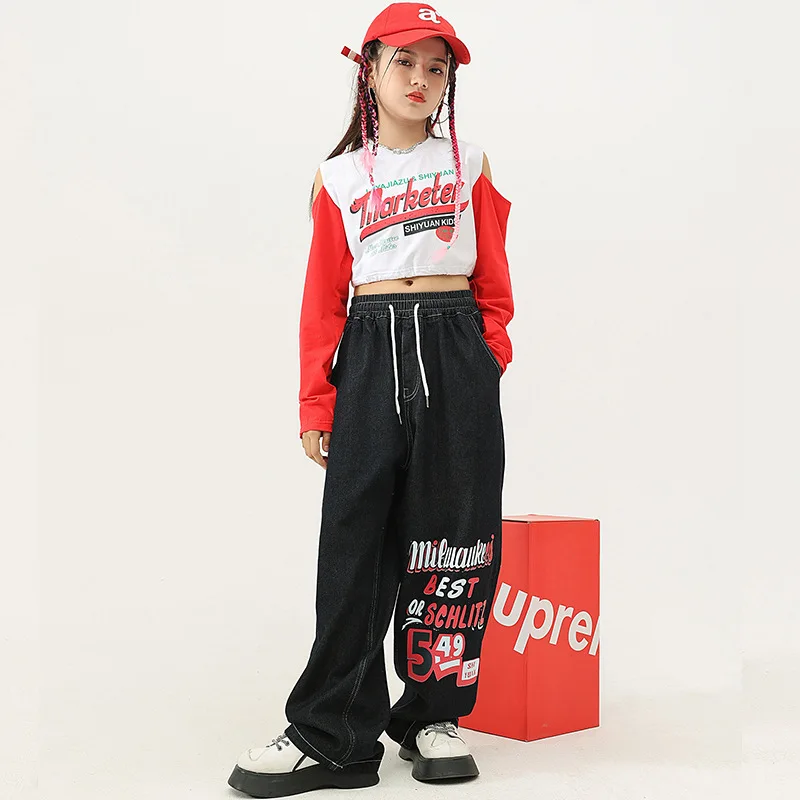 New Girls Hip Hop Dance Costumes Patchwork Off-the-shoulder Top Letter Print Jeans Kid Jazz Dance Performance Stage Rave Clothes