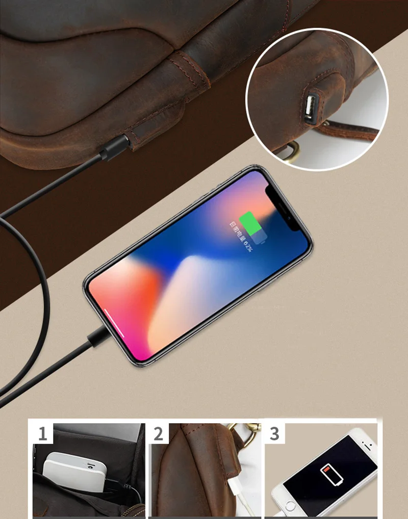 Luufan USB Charging Mans Chest Pack Fit 12" iPad Genuine Leather Male Sling Bag Sports Riding Chest Bag Męska torba podróżna na ramię — zdjęcie 6