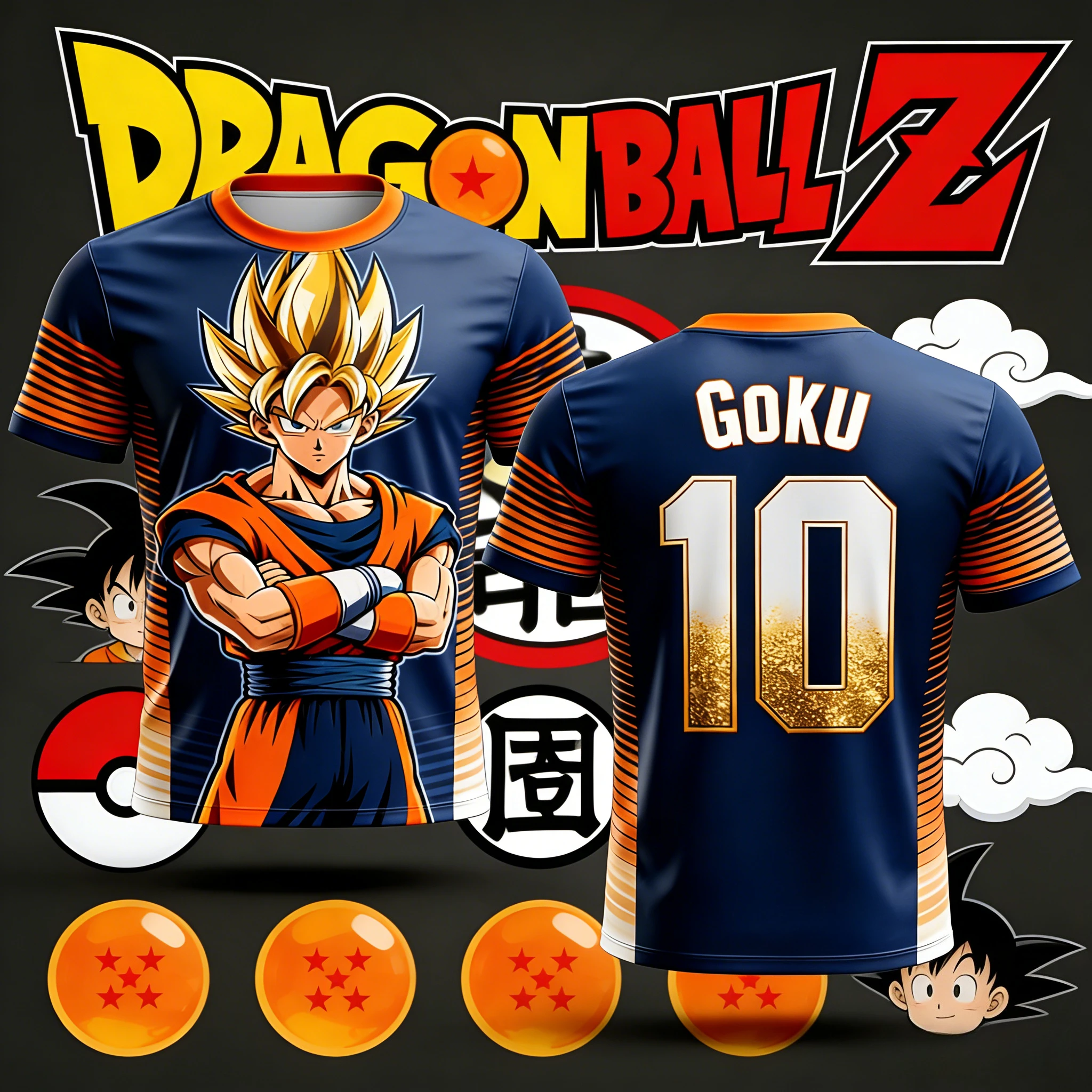 2026 Sommer Übergroßes Dragon Ball Trikot, Goku Gold Nr. 10 3D-Druck Polyester Retro Lockeres Fußball-T-Shirt Unisex für Erwachsene und Kinder