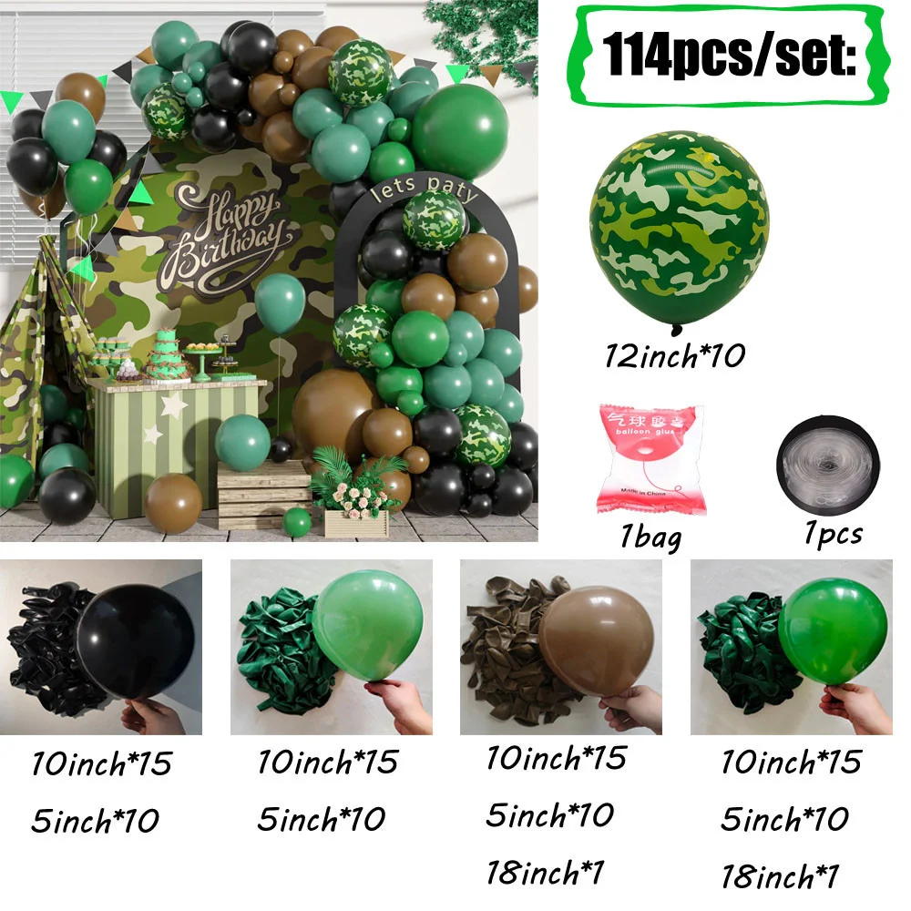 114pcs Green Camouflage Balloon Garland Arch Kit For Outdoor Party Decoration Birthday Hunting Camping Game Jungle Themed Party