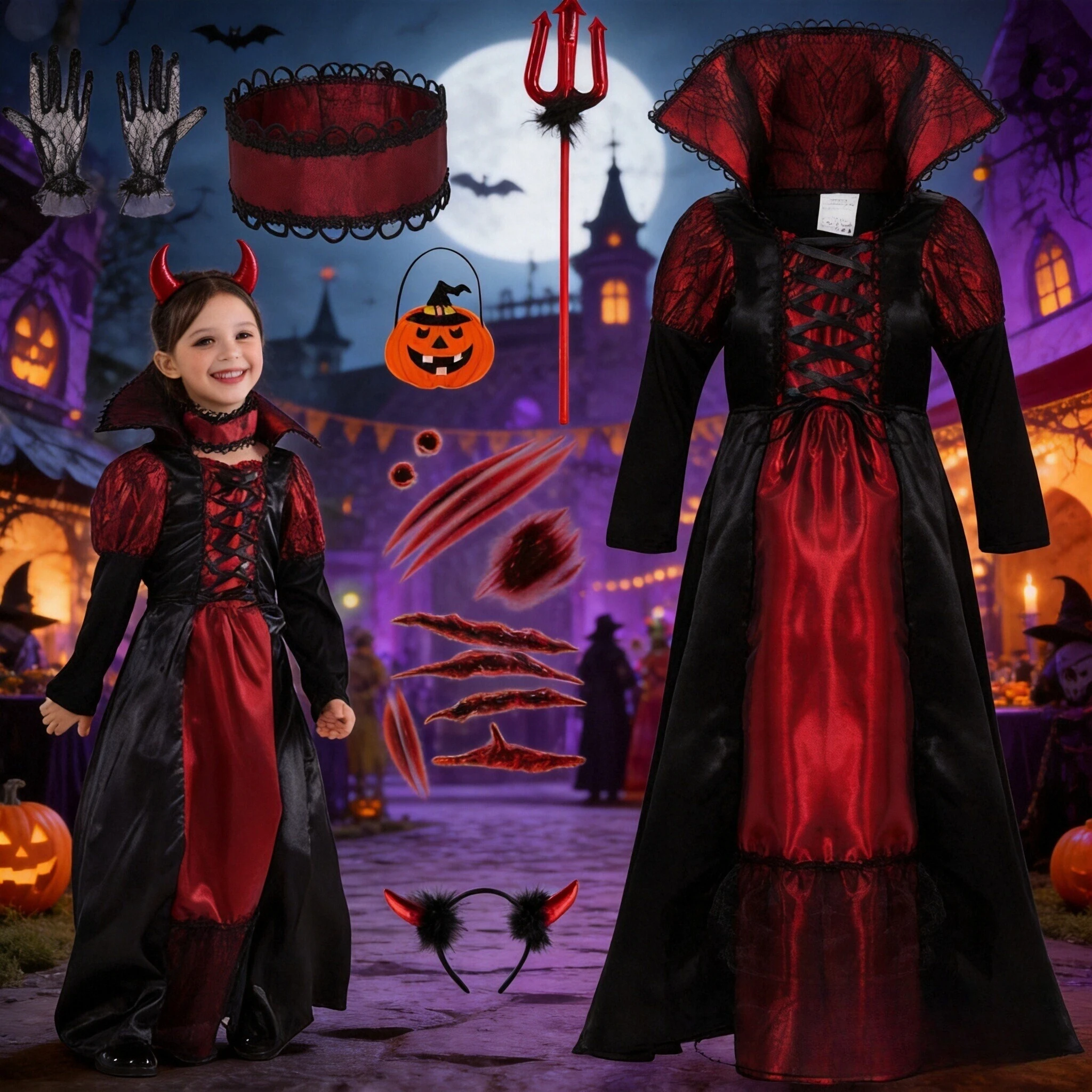 Vampire Queen Cosplay Costume Medieval Gothic Black Red Long Dress Performance Red Carnival Party Kids Clothes