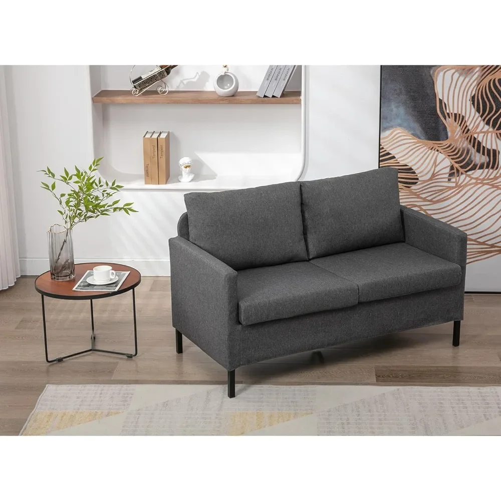 Linen Fabric Modern Small Loveseat Sofa Couch for Living Room, Upholstered 2-Seater Mini Love Seats w/Iron Legs for Small Space