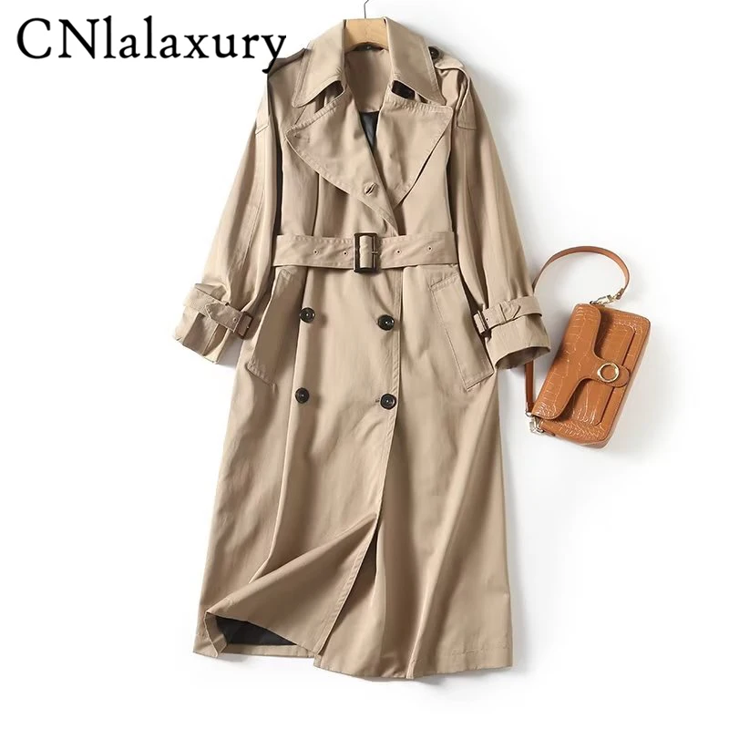 CNlalaxury 2023 Fashion Trench Jackets With Belt Women Elegant Double Breasted Khaki Windbreaker Casual Long OverCoat Streetwear