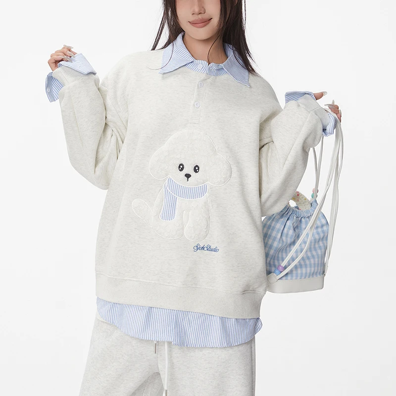 Sudaderas falsas de 2 piezas de manga larga para mujer, jerséis con cuello vuelto y bordado de perro de dibujos animados para mujer, Tops de otoño e invierno 2025