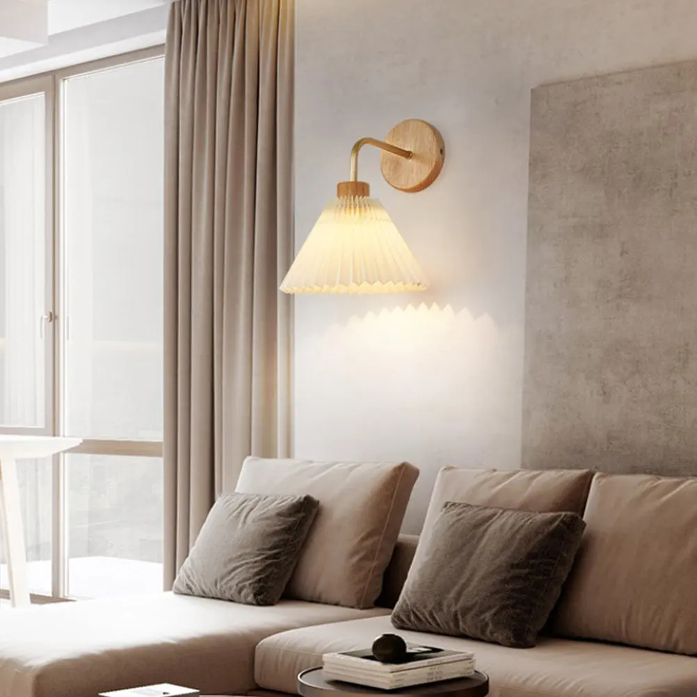 modern-led-wall-sconce-lamp-with-pleated-lampshade-premium-wood-plastic-iron-construction-for-bedroom-living-room-study-balcony