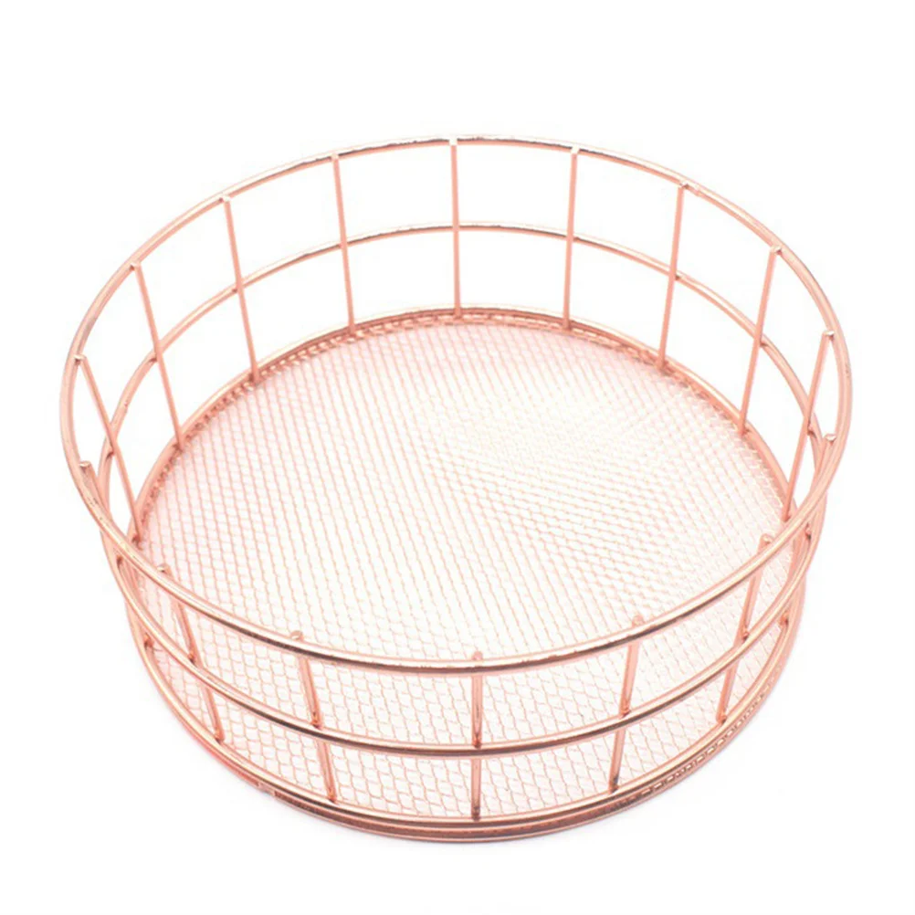 

Iron Fruits Storage Basket Rosy Gold Round Desk Organizer Sundry Container for Home Office Metal Fruit Basket