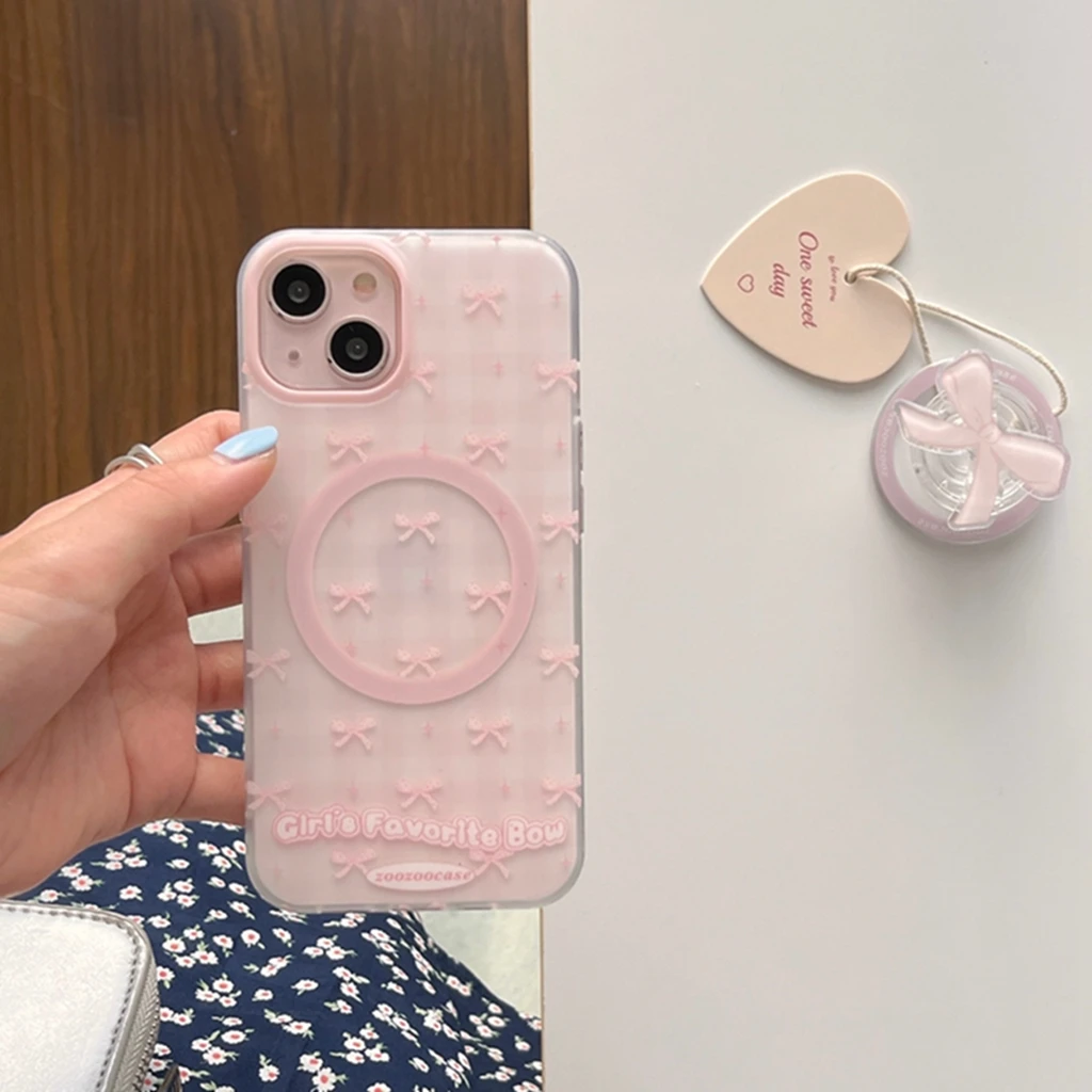 Ins Stylish Matte Pink Plaid Bowknot Magnetic With Holder Cover Case For iPhone 16 15 14 13 12 Pro Max Phone Case