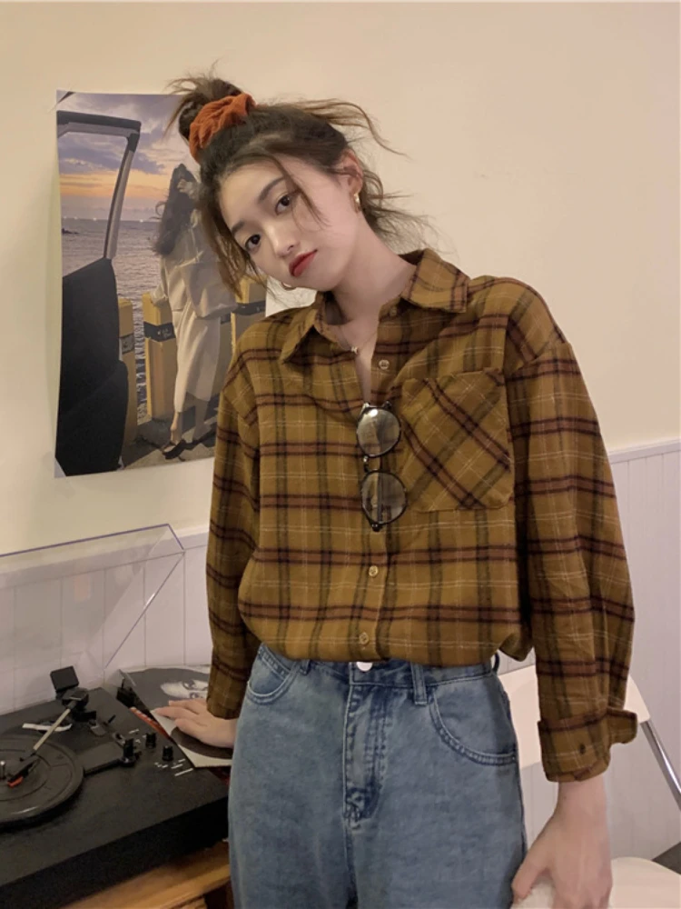 Vintage Plaid Shirts Women Loose Causal Preppy All-match Couples Spring Autumn Outwear Designed Students Aesthetic Clothing Tops