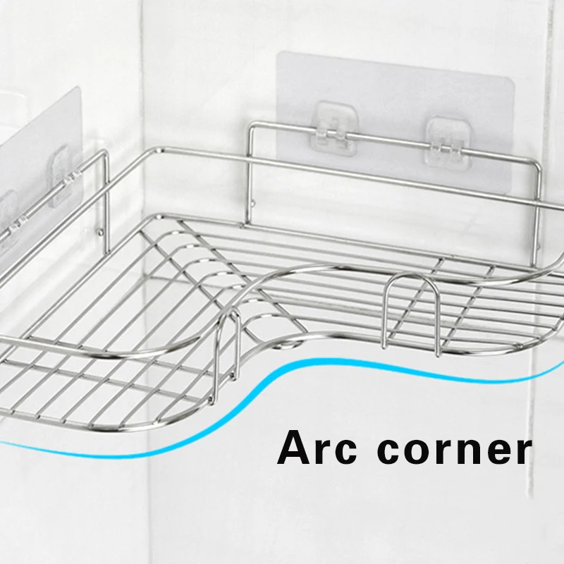 Stainless Steel Triangular Holder Shelf Wall Mounted Adhesive Shampoo Shower Storage Rack Kitchen Bathroom Organizer