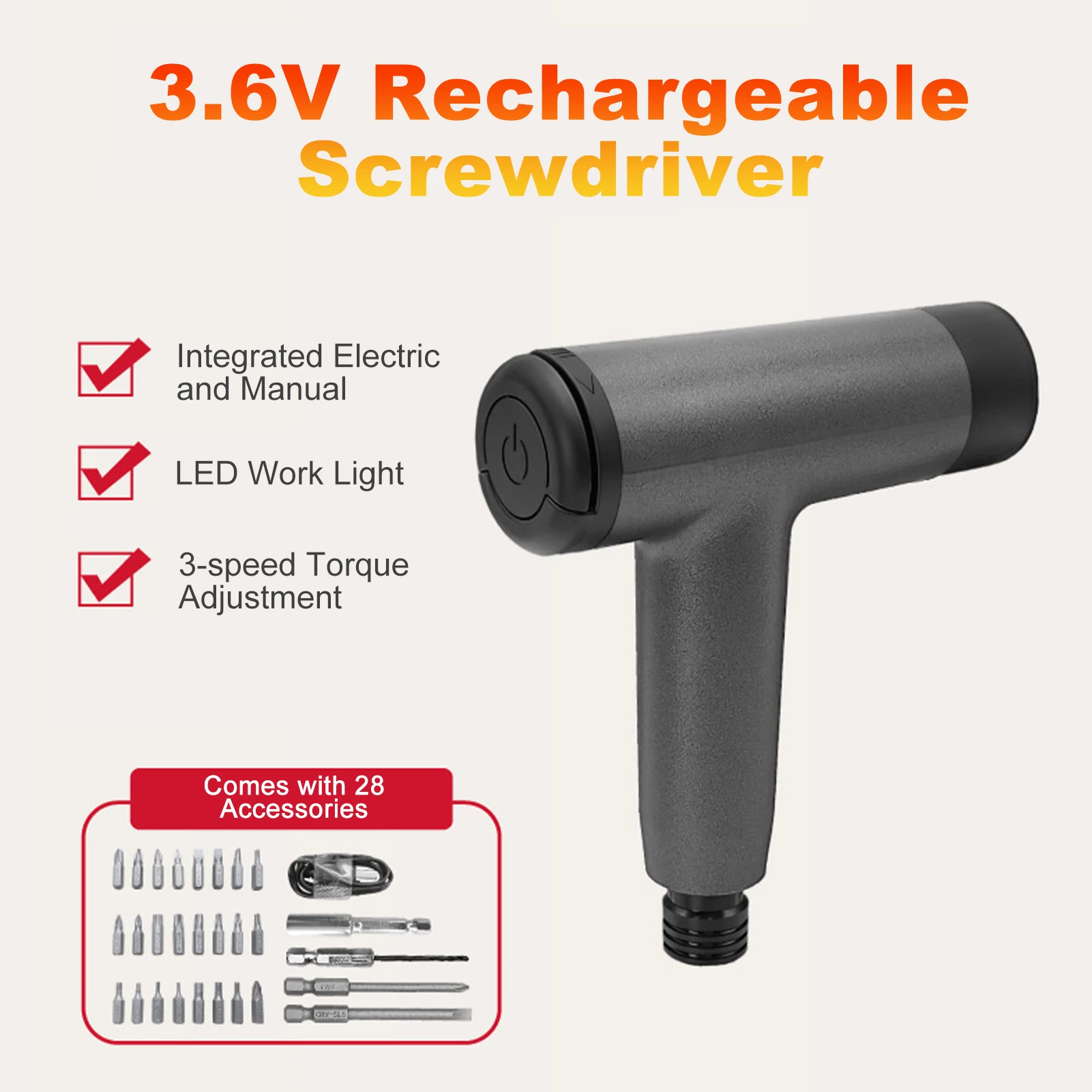 

Rechargeable Electric Screwdriver Kit 3.6V Cordless Screwdriver Set USB-C 3 Torque Settings 1500mAh Battery LED Light for Repair